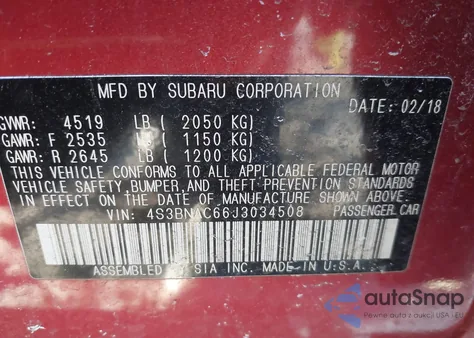 2018 Subaru Legacy 2.5I Premium from USA, damaged, VIN 4S3BNAC66J3034508